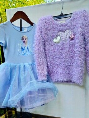 Disney Frozen Elsa Tulle Dress & Btween Fuzzy Heart Sweater Outfit Lot Size 5 5T